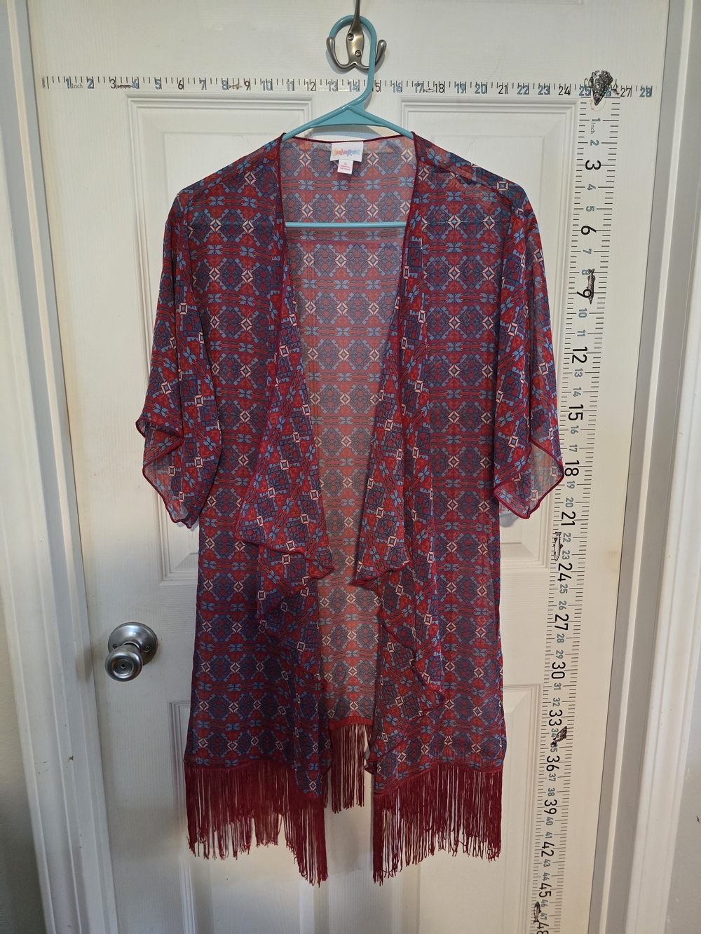 LuLaRoe Red Geometric Fringe Kimono